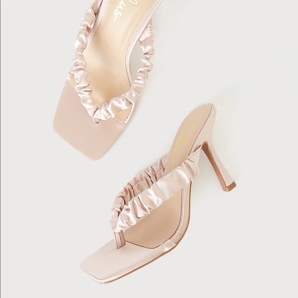 Pink Satin Square Toe High Heel Sandals - Picture 3 of 4